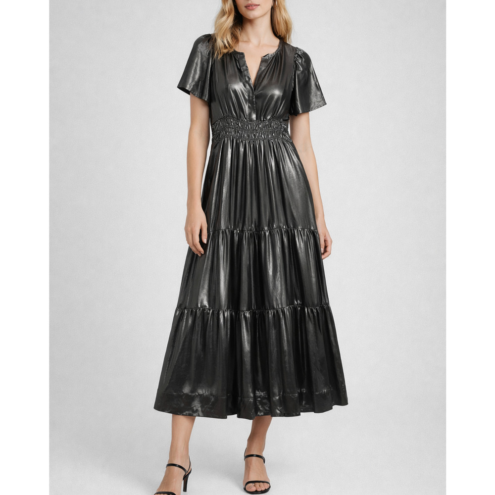 Anthropologie Somerset Maxi Dress Womens PXS Carbon Shine Metallic Disco Tiered